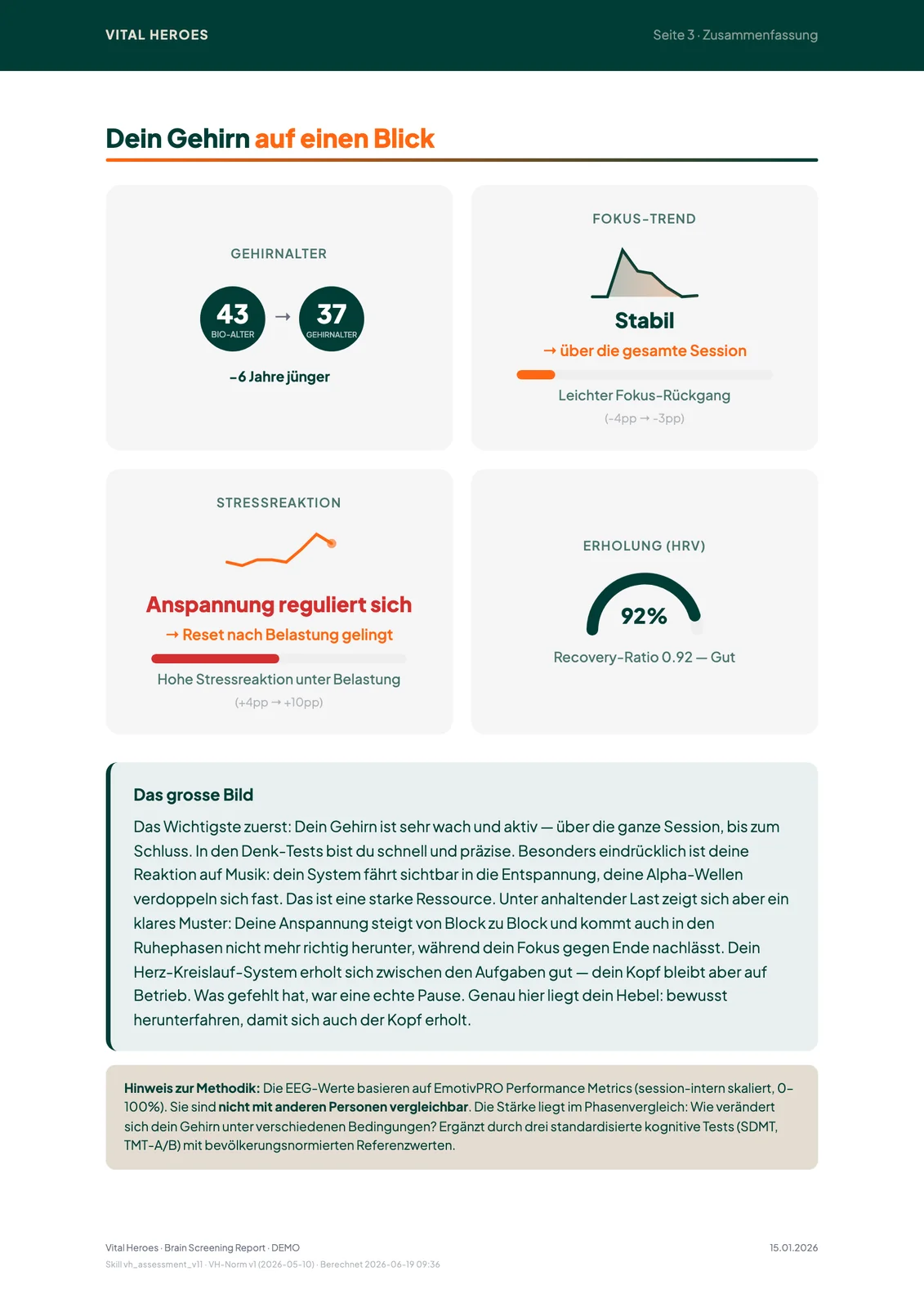 Beispielseite: Überblick über Gehirnalter, Fokus, Stress und Erholung